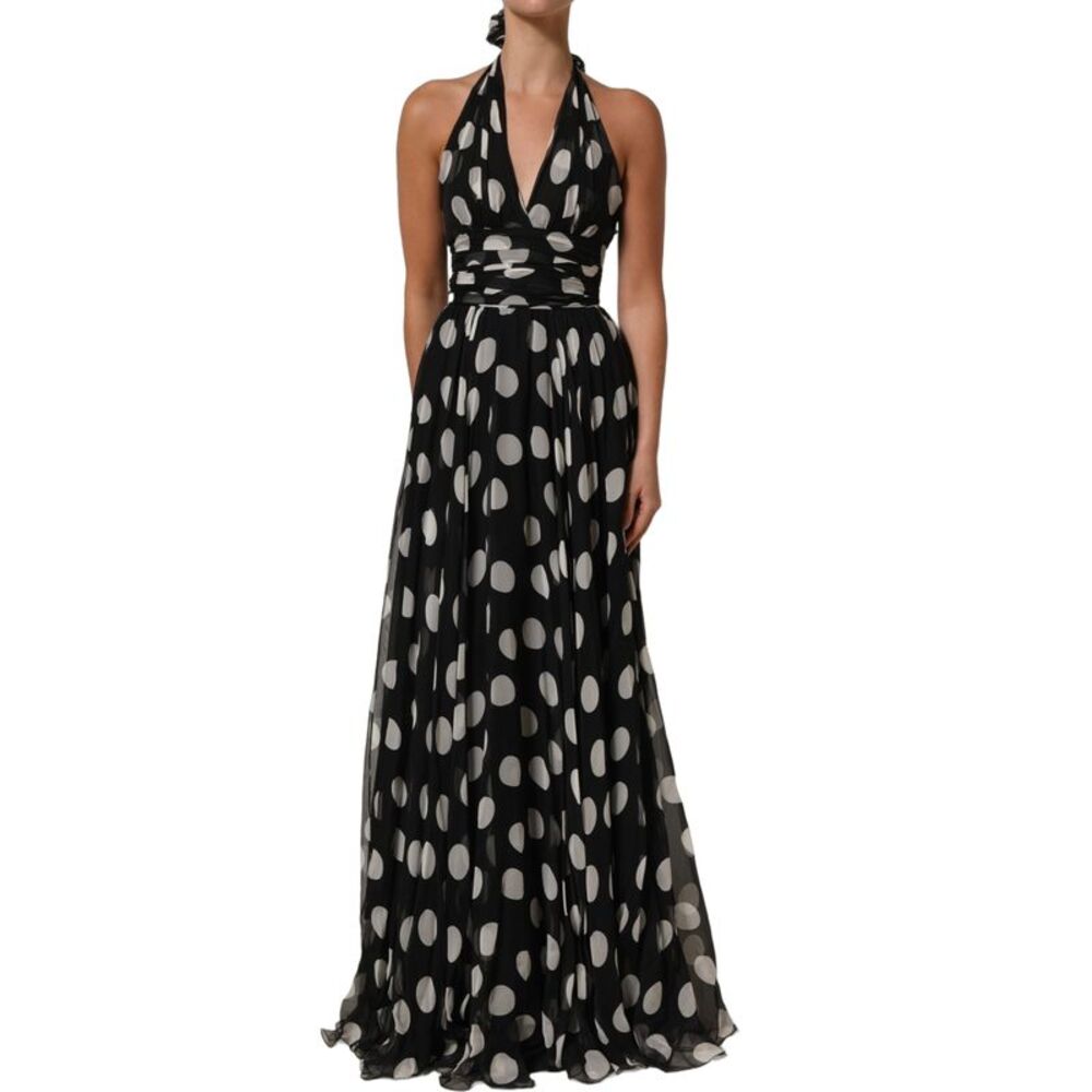 Dolce & Gabbana Black White Polka Dot Pleated Maxi Women's Dress